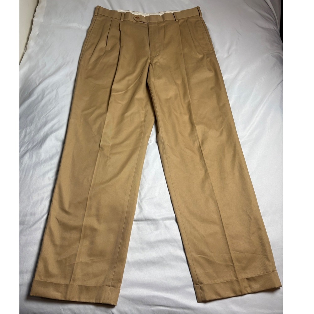 Brooks Brothers 346 Chino Pants Mens 36x32 Tan Excellent Pleated Cuffed Cotton